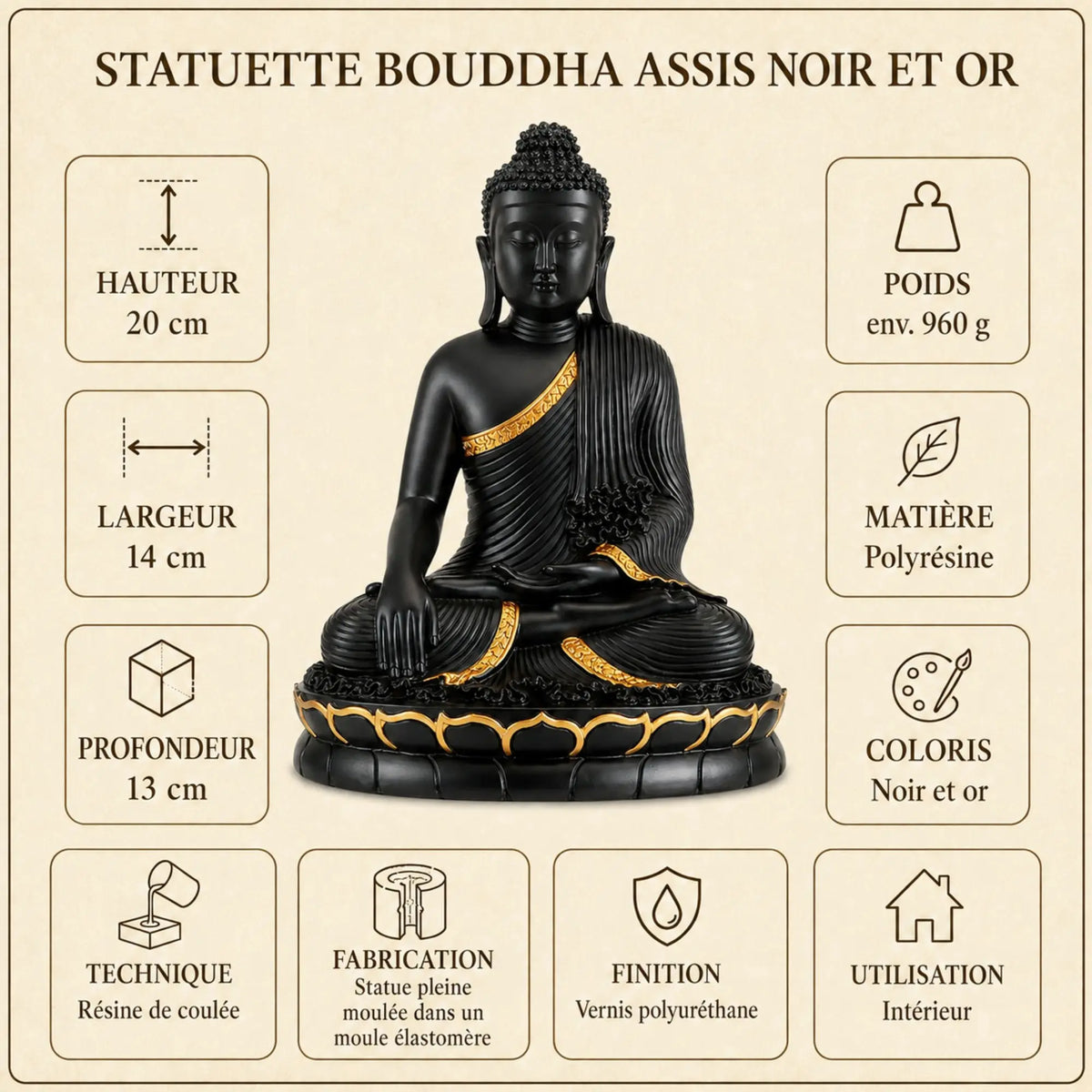 Statuette Bouddha Assis Noir et Or en Résine – 20 cm 200044142 La Maison de Bouddha