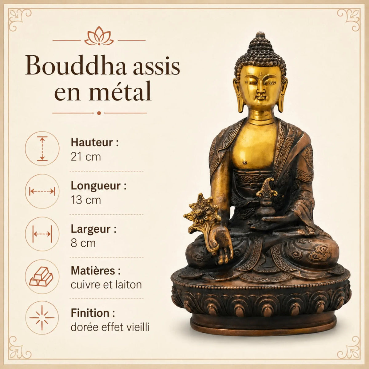 Statuette Bouddha Assis en Cuivre et Laiton – 21 cm  La Maison de Bouddha