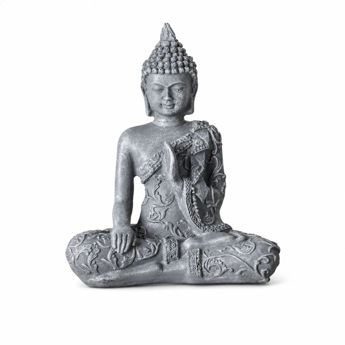 Statuette Bouddha assis en résine grise effet pierre de 12 cm sur fond blanc