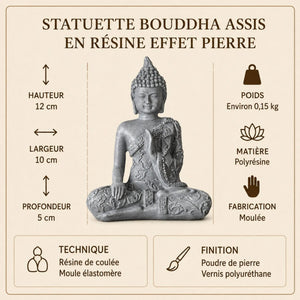 Dimensions et caractéristiques de la statuette Bouddha assis en polyrésine effet pierre de 12 cm