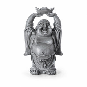Statuette Bouddha rieur Budai en résine grise de 12 cm sur fond blanc