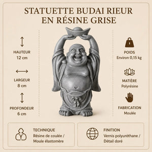 Dimensions et caractéristiques de la statuette Bouddha rieur Budai en résine grise de 12 cm