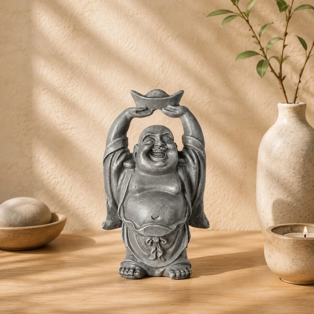 Statuette Bouddha rieur Budai en résine grise de 12 cm dans un intérieur zen aux tons naturels