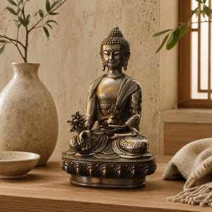 Statuette Bouddha assis en cuivre et laiton de 21 cm, vue de présentation Bouddha