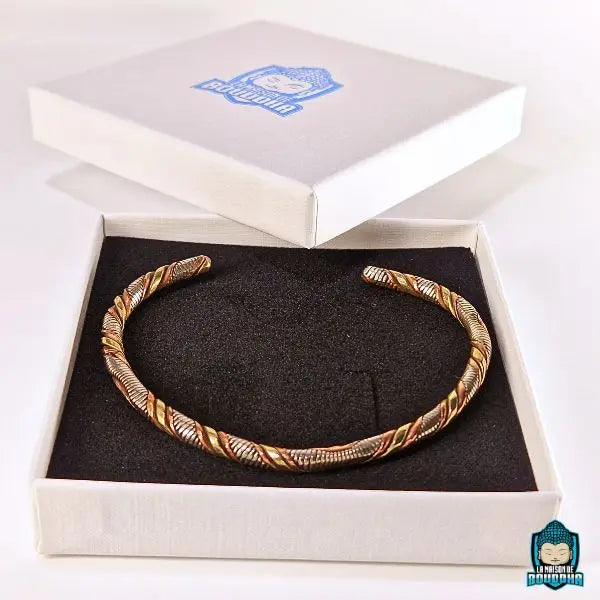 Jonc Tibétain Torsadé 3 métaux avec boite a bijoux