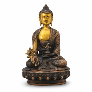 Statuette Bouddha assis en cuivre et laiton de 21 cm, vue de face sur fond blanc