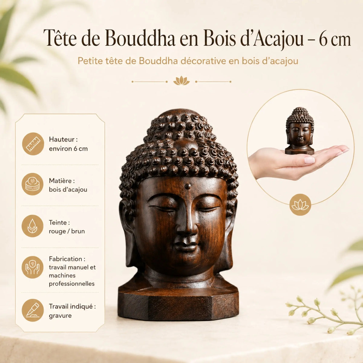Caractéristiques de la Tête de Bouddha en bois d’acajou 6 cm avec matière, teinte et fabrication
