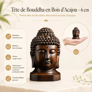 Caractéristiques de la Tête de Bouddha en bois d’acajou 6 cm avec matière, teinte et fabrication