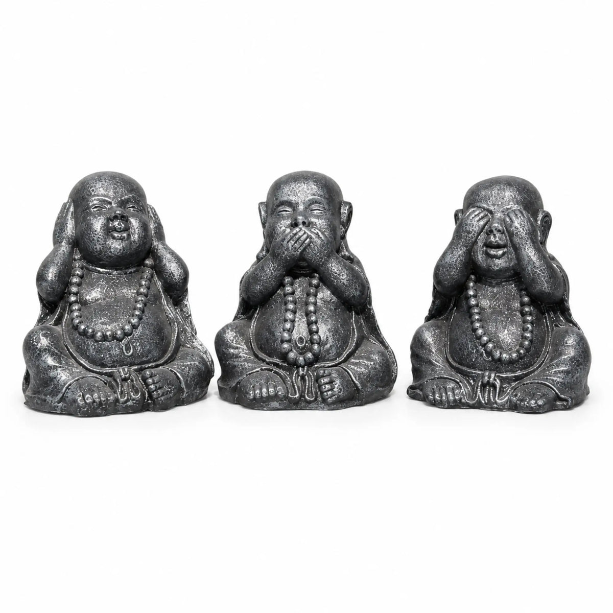 Trio de Bouddhas Rieurs Chinois de la Sagesse gris antique de 40 cm, vue de face sur fond blanc