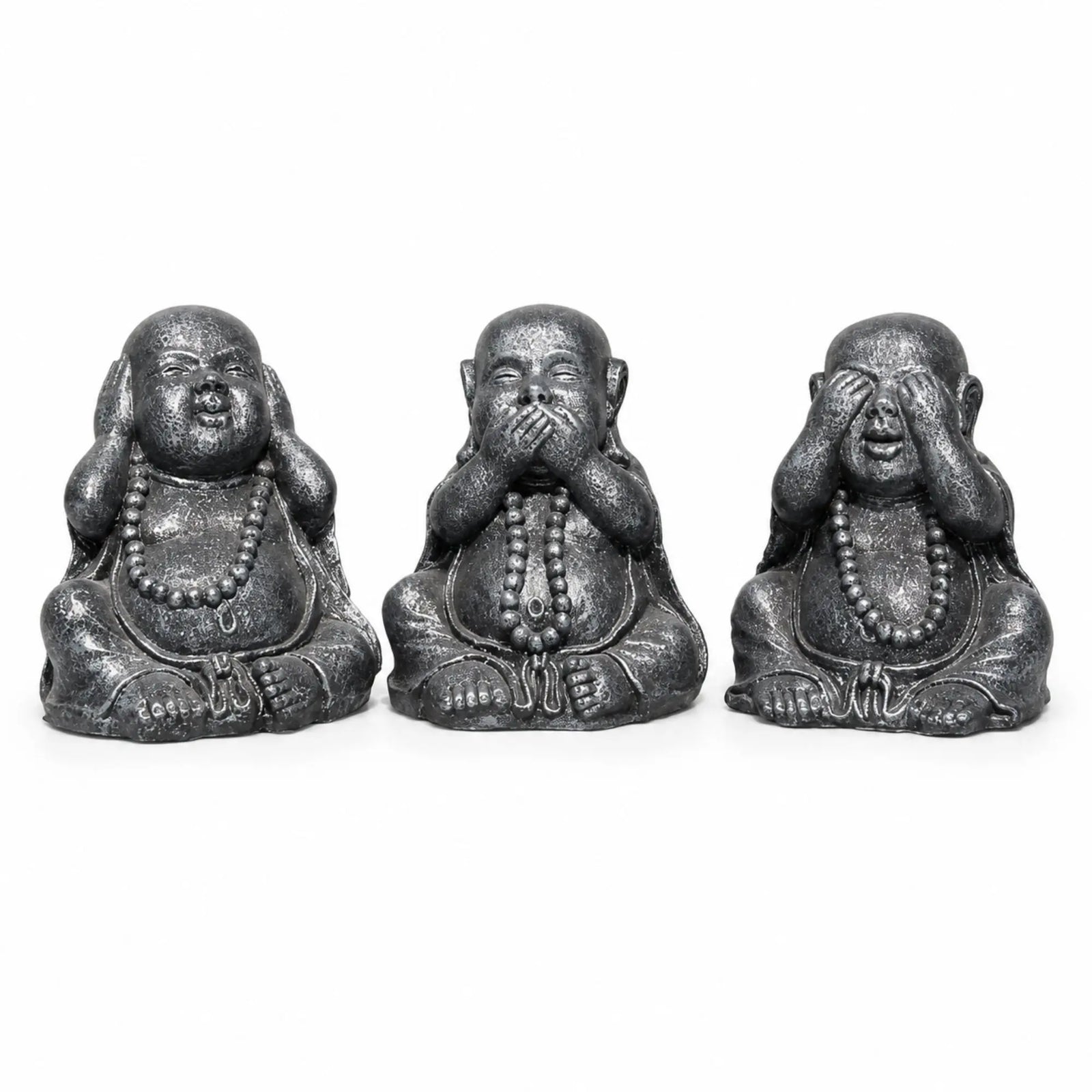 Trio de Bouddhas Rieurs Chinois de la Sagesse gris antique de 40 cm, vue de face sur fond blanc
