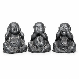 Trio de Bouddhas Rieurs Chinois de la Sagesse gris antique de 40 cm, vue de face sur fond blanc