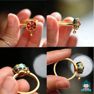 Bague-femme-fleur-de-lotus-multicolore-anneau-dore-ajustable-en-laiton-vues-de-face-de-profil-de-dos