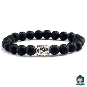 Bracelet-Bouddha-Pierre-de-Lave-medaillon-tete-de-Bouddha-argente-perles-noires-brutes-sur-fond-blanc-La-Maison-de-Bouddha