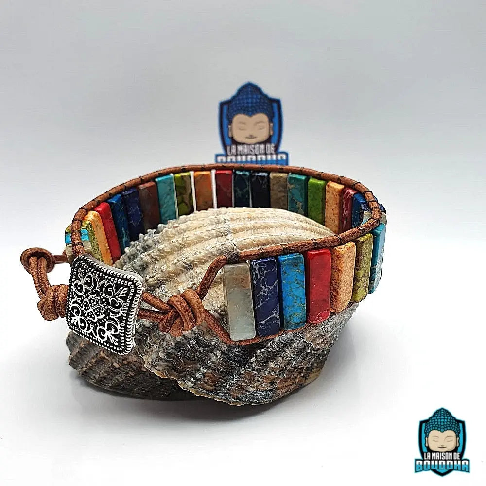 Bracelet-Bouddhiste-7-Chakra-pierres-de-jaspe-synthetiques-couleur-arc-en-ciel-et-sa-laniere-en-cuir-veritable-de-vachette-La-Maison-de-Bouddha