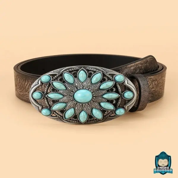Ceinture-femme-perles-colorees-ethnique-turquoise-boucle-ovale-argente-sangle-marron-gravee-longueur-100-cm-La-Maison-de-Bouddha