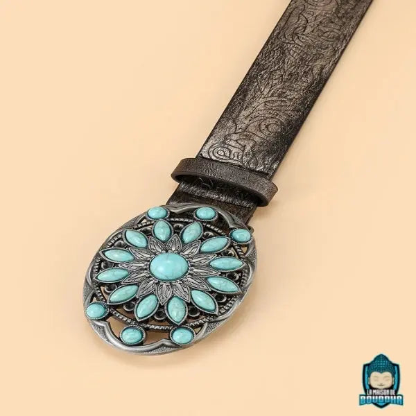 Ceinture-femme-perles-colorees-ethnique-turquoise-boucle-ovale-argente-sangle-marron-gravee-longueur-100-cm-boucle-8-cm-par-5-cm