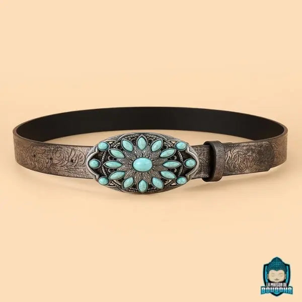 Ceinture-femme-perles-colorees-ethnique-turquoise-boucle-ovale-argente-sangle-marron-gravee-longueur-100-cm