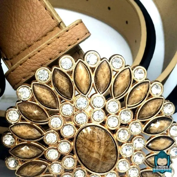 Ceintures-a-boucle-ethnique-en-cuir-PU-et--perles-synthetiques-style-diamant-et-oeil-de-tigre-boucle-fleur-7-cm-diametre