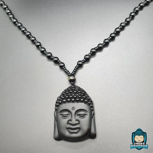 Collier-Bouddha-Obsidienne-perles-noires-brillantes-vernies-pendentif-tete-de-Bouddha-boite-a-bijoux-en-bois-La-Maison-de-Bouddha