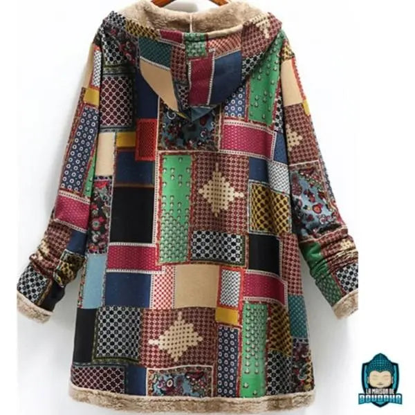 Manteau-ethnique-a-capuche-femme-coton-polyester-doublure-fourree-fermeture-a-boutons-vue-de-dos
