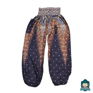 Pantalon Ethnique Fluide Motif Plume de Paon Noir Pantalons La Maison de Bouddha