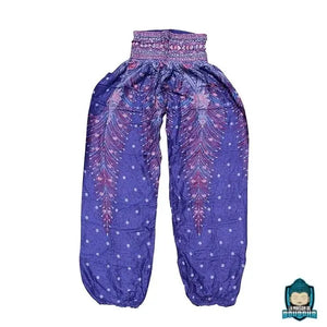 Pantalon Ethnique Fluide Motif Plume de Paon Violet Pantalons La Maison de Bouddha