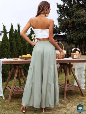 Pantalon-palazzo-femme-taille-haute-Vert-Celadon-en-coton-a-fermeture-eclair-vue-de-dos-La-Maison-de-Bouddha