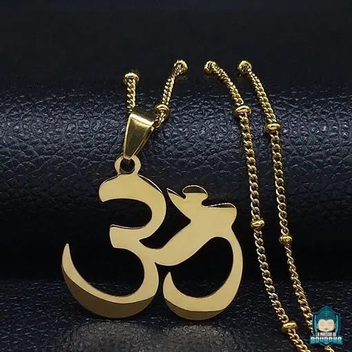 Pendentif-Aum-Dore-en-acier-inoxydable-chaine-maille-gourmette-couleur-or-avec-perles-dorees-La-Maison-de-Bouddha