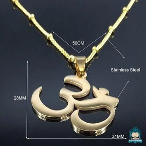 Pendentif-Aum-Dore-en-acier-inoxydable-pendentif-symbole-Om-chaine-maille-gourmette-couleur-or-avec-perles-dorees-La-Maison-de-Bouddha