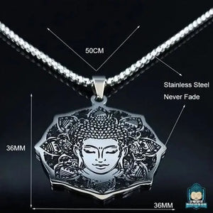 Pendentif-Bouddha-Acier-inoxydable-pendentif-forme-hexagonale-grave-emaille-en-noir-tete-de-Bouddha-et-fleur-de-lotus-sa-chaine-en-acier-inoxydable-50-cm-dimensions-La-Maison-de-Boudda