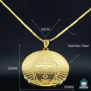 Pendentif-Bouddha-Dore-rond-en-acier-inoxydable-tete-de-Bouddha-chaine-fine-dimensions-bijou-poids-20-grammes-La-Maison-de-Bouddha