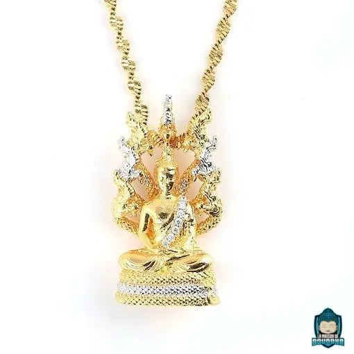 Pendentif-Bouddha-Thailandais-Dore-et-argent-strass-metal-en-alliage-de-zinc-chaine-couleur-or-torsade-La-Maison-de-Bouddha