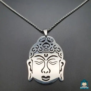 Pendentif-tête-Bouddha-Argente-chaine-maille-venitienne-fermoir-mousqueton-en-acier-inoxydable-La-Maison-de-Bouddha