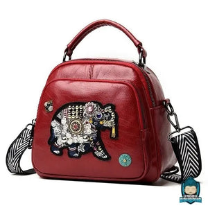 Petit Sac Bandoulière Cuir Rouge Motif Élépant Brodé Sacs à main La Maison de Bouddha