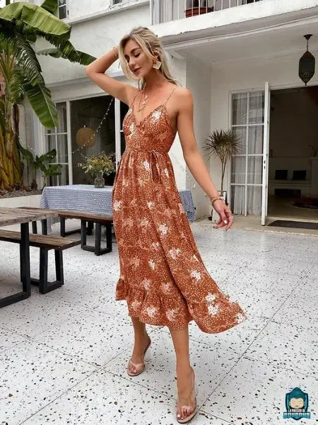 Robe-longue-fleurie-fluide-bretelle-fine-couleur-Brique-bandeau-fronce-sous-la-poitrine