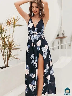 Robe-longue-fluide-a-fleurs-ete-fente-devant-polyester-La-Maison-de-Bouddha