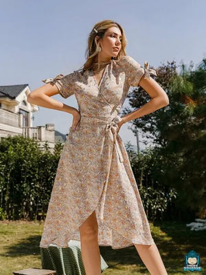 Robe-midi-portefeuille-fluide-Imprimee-Florale-nouee-a-la-taille-La-Maison-de-Bouddha