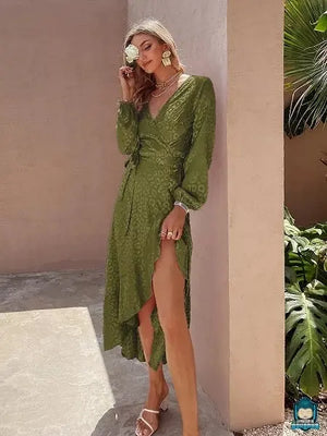 Robe-portefeuille-fluide-ete-verte-fente-devant-polyester