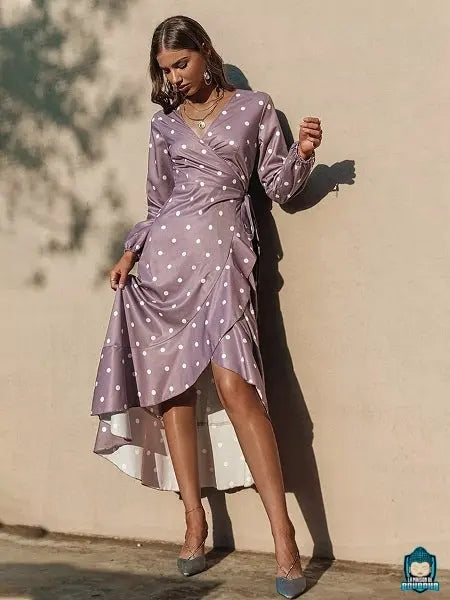 Robe-portefeuille-longue-a-pois-d-ete-fluide-mauve-polyester-La-Maison-de-Bouddha