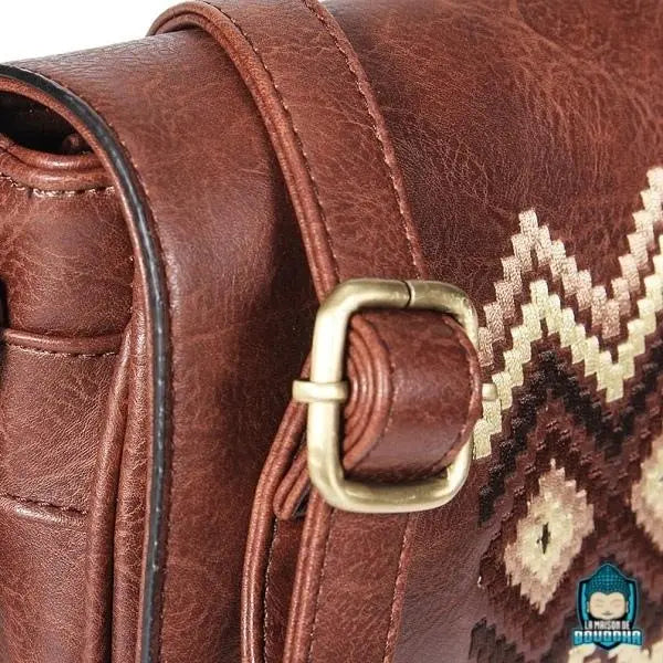 Sac-Bandouliere-Besace-Cuir-Marron-Synthetique-Motif-Ethnique-sangle-de-bandouliere-reglable