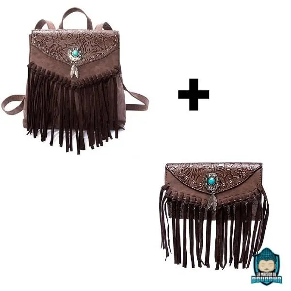 Sac-a-dos-cuir-vintage-ethnique-et-pochette-lot-2-pieces-maroquinerie