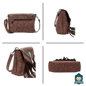 Sac-bandouliere-ethnique-Cuir-Tanne-Marron-vue-de-profil-vue-de-derriere-vue-du-dessous