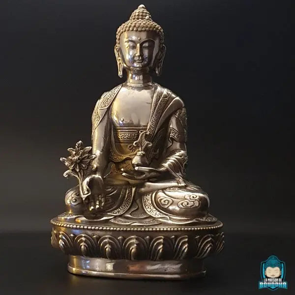 Statue-Bouddha-assis-Birman-En-Argent-drapé-d'une-kesa-tibétain-La-Maison-de-Bouddha