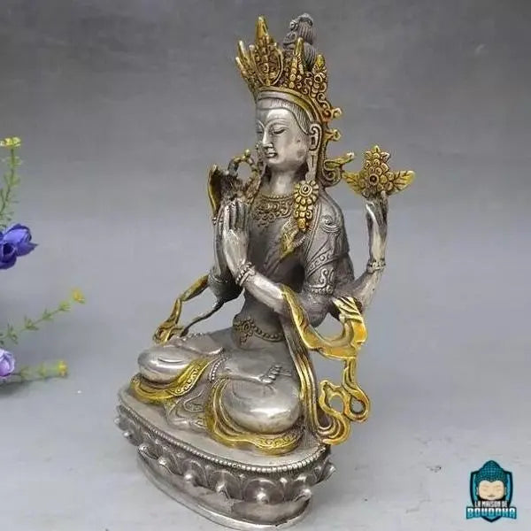 Statuette Bouddha Tara en Cuivre Blanc Assis en Position du Lotus