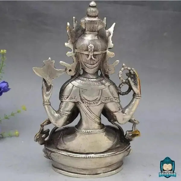 Statuette Bouddha Tara en Cuivre Blanc Assis en Position du Lotus
