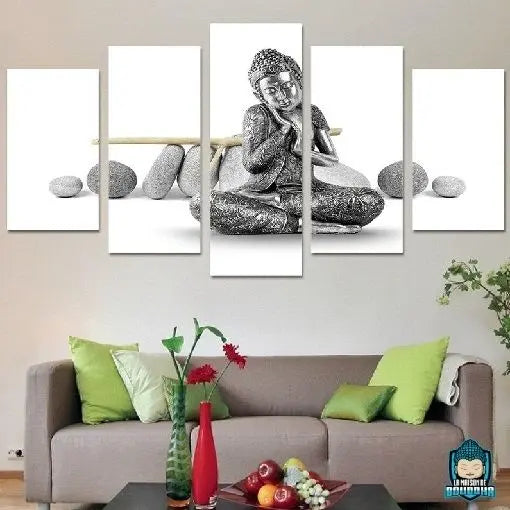 Tableau-Bouddha-Argent-5-panneaux-toiles