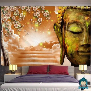 Tapisserie-Bouddha-Zen-en-polyester-representation-tete-de-Bouddha-cerisier-et-lumiere-celeste-ton-orange-La-Maison-de-Bouddha