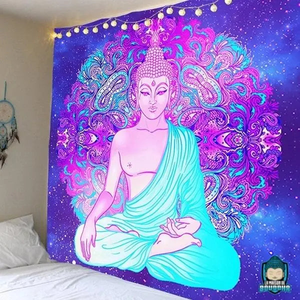 Tapisserie-Bouddha-bhumisparsa-mudra-tenture-murale-en-polyester-couleurs-bleu-violet-rose