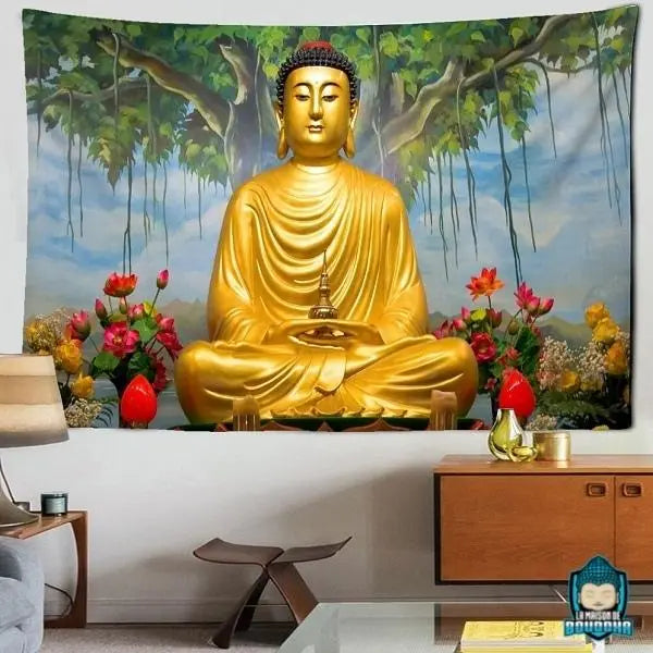 Tapisserie-Murale-Bouddha-Dore-tenture-en-toile-de-polyester