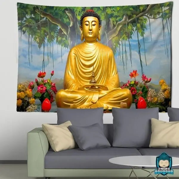 Tapisserie-Murale-Bouddha-Dore-tenture-fabriquee-en-polyester